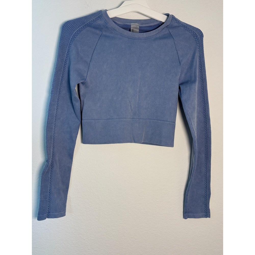 Social‎ Revival Blue Ribbed Seamless Crop Top Long Sleeve Mineral Wash L/XL